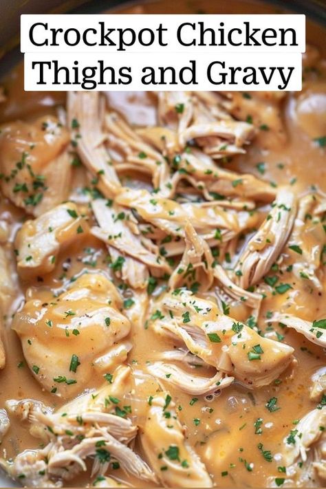 Enjoy the savory flavors of Crockpot Chicken Thighs & Gravy, effortlessly served over white rice. This simple, yet mouthwatering recipe transforms ordinary ingredients into a gourmet weeknight dinner. Perfect for busy families, it's a hearty meal that promises to comfort and satisfy. Pin this recipe for an easy, delicious solution to your dinner dilemmas. #CrockpotDinner #ChickenThighs #EasyMeals #FamilyDinner #ComfortFood Simple Delicious Crockpot Recipes, Chicken Thigh Crockpot Meals, How Long To Cook Chicken In Crockpot, Chicken Dump Meals Crock Pot, Chicken Thighs Crockpot Healthy, Crockpot Thighs Boneless, Easy Chicken Thighs Crockpot, Chicken Thighs With Bone And Skin, Boneless Chicken Thigh Slow Cooker Recipes