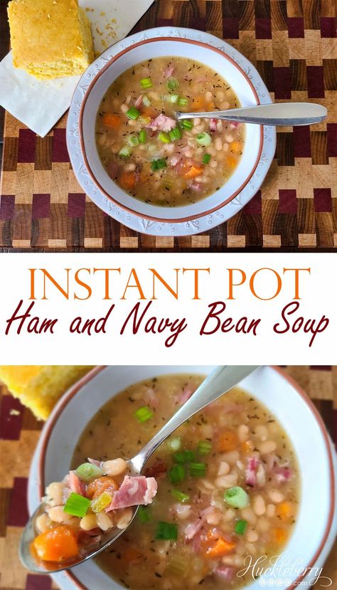 This Instant Pot Ham and Navy Bean Soup is packed with flavor and comes together quickly! Perfect with a side of corn bread. :) Pressure Cooker Ham, Ham Hocks And Beans, Instant Pot Ham, Ham And Bean, Navy Bean Soup, Bean Soup Recipe, Soup Beans, Ham Hock, Ham Soup