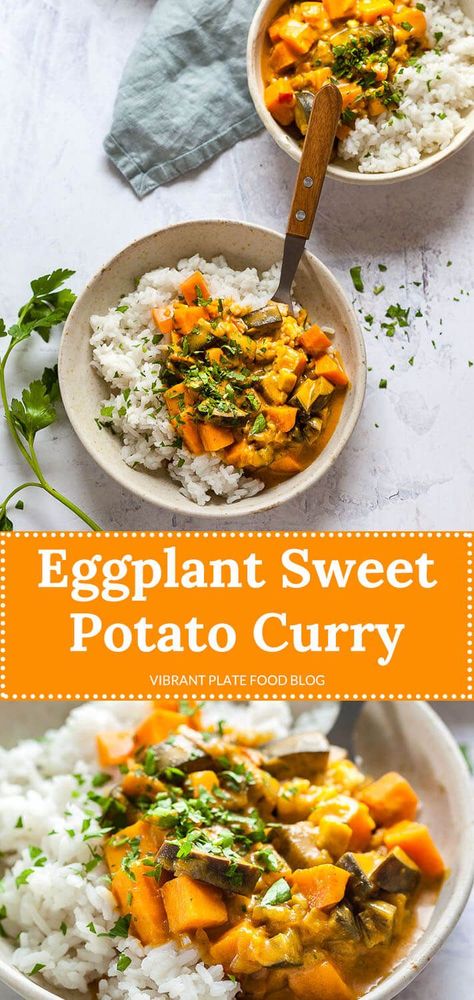 Eggplant Sweet Potato, Sweet Potato Curry Vegan, Potato Curry Recipe, Curry Masala, Plant Based Dessert Recipes, Plant Based Recipes Breakfast, Plant Based Recipes Dinner, Plant Based Recipes Easy, Sweet Potato Curry