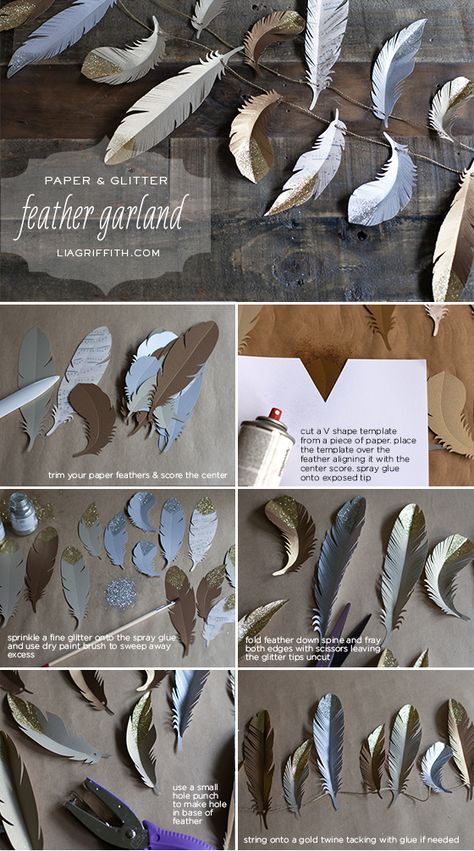 Make these simple and elegant paper feathers for your holiday decorations. Add a little sparkle with some glitter on the tips. These make a beautiful garland, tree ornaments or gift topper. Feather Garland, Paper Feathers, Desain Quilling, Idee Cosplay, Diy Papier, Mason Jar Crafts Diy, Wrapping Ideas, Mason Jar Diy, Mason Jar Crafts