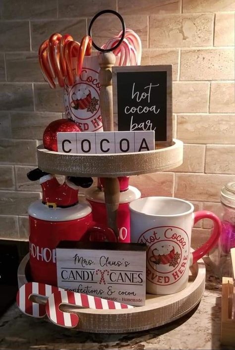 Hot Cocoa Tiered Tray, Cocoa Tiered Tray, Tiered Tray Ideas, Cocoa Station, Hot Cocoa Bar Sign, Hot Chocolate Party, Hot Coco, Christmas Kitchen Decor, Tray Ideas