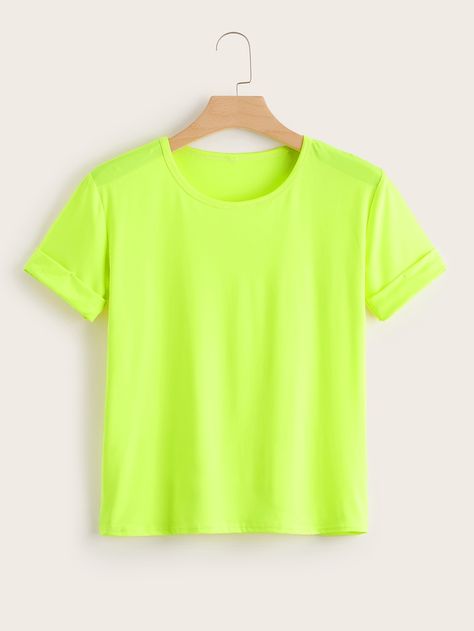 Plus Neon Lime Rolled Sleeve Tee | SHEIN USA Neon Element, Neon Tshirt, Retrowave Aesthetic, Alien Halloween Costume, Lime Green Shirts, 80s Birthday Parties, 80s Birthday, Alien Halloween, Grad Student