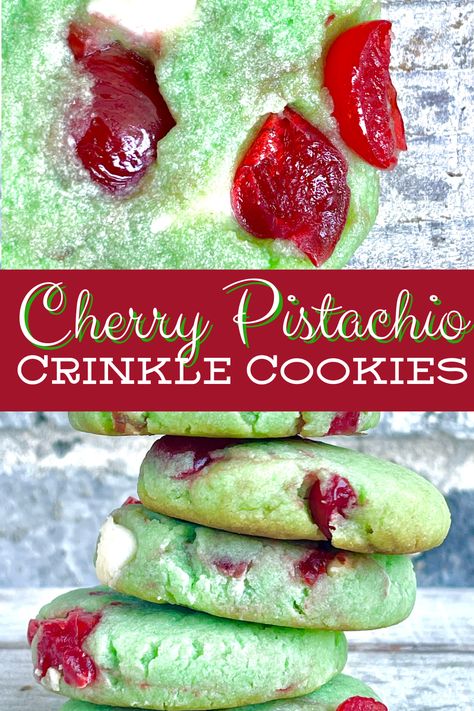 Cherry Pistachio Crinkle Cookies - That's Just Jeni Pistachio Pudding Cookies, Cherry Pistachio, Cherry Pie Bars, Pistachio Cookies, Cherry Cookies, Pistachio Pudding, Pudding Cookies, Eat Cookies, Christmas Cookie Exchange