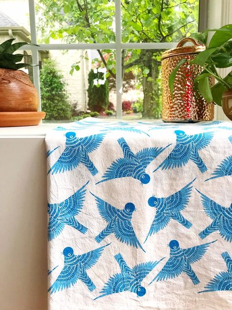 Printed Tea Towel, Bird Gifts, Blue Towels, Flour Sack Towels, Batik Prints, Flour Sack, Cotton Tea Towels, Bird Illustration, Bluebird