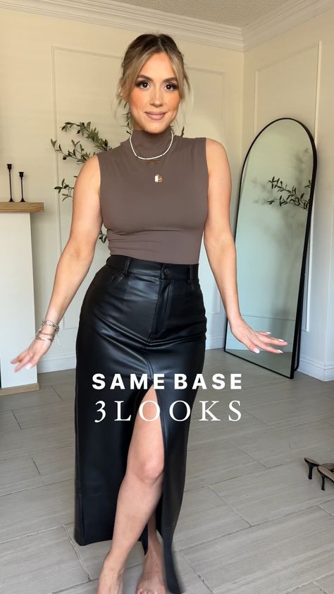 Midi Skirt And Blouse Outfit, Long Black Split Skirt Outfit, Maxi Black Leather Skirt Outfit, Edgy Leather Skirt Outfit, Faux Leather Maxi Skirt Outfit, Faux Leather Maxi Skirt, Midsize Leather Skirt Outfit, Leather Cargo Skirt Outfit, Sweater Leather Skirt Outfit