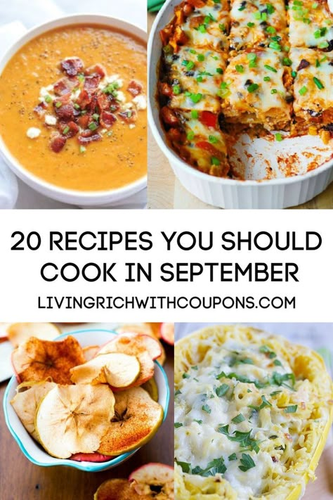 September is a great month to cook with all the bounty of vegetables from the end of summer harvest! During the month of September you will also find sales on Back to School Lunch Type Items such as snack foods, bread, juice boxes and more. Here are 20 of the Best Recipes to Cook in September! #fallrecipes #septemberrecipes #fall Fall Recipes For Family, What To Cook In September, Recipes For September, September Seasonal Recipes, September Recipes Dinner, Easy September Dinner Ideas, September Recipes Healthy, September Meal Ideas, September Dinner Recipes