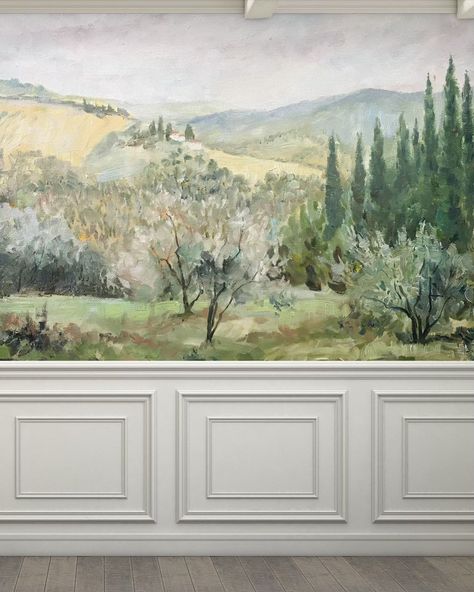 Transform your space with this Vintage Oil Painting Landscape Wall Mural, a perfect addition to rustic, vintage-inspired, or farmhouse decor. This mural features a beautifully detailed landscape, resembling an oil painting, with lush greenery, rolling hills, and a serene countryside setting. 🪴 Master Room Wall Mural, Landscape Wallpaper Bedroom, Peel And Stick Mural Wallpaper, Wallpaper Murals Statement Wall, Living Room Mural Ideas, Wallpaper As Art, Framed Wall Mural, Mural Wallpaper Vintage, Mural Wallpaper Bedroom