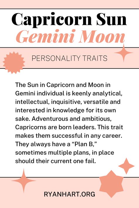 Gemini Sun Capricorn Moon, Leo Sun Aquarius Moon, Moon Personality, Sun Capricorn, Astrology 101, Gemini Sun, Gemini People, Sun Aquarius, Capricorn Sun