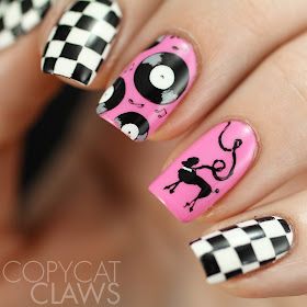 Pink Lady Grease Nails, 50s Inspired Nails, 1950 Nails Design, 50s Nails Vintage, 1950s Nails Ideas, 50s Nails Design, Grease Nails, 50s Nails, 1950s Nails