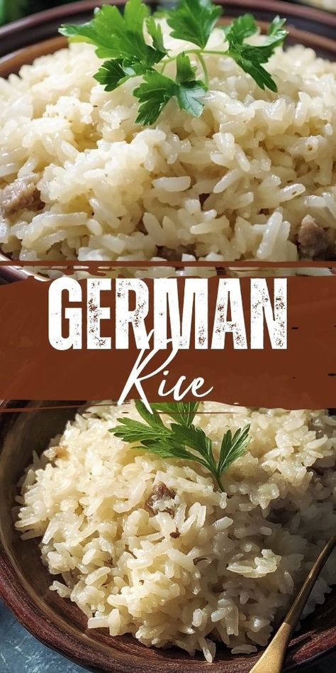 German Rice Ingredients: 1 cup long-grain white rice 2 cups water 1 tablespoon butter 1 onion, finely chopped 2 cloves garlic, minced 1 tablespoon olive oil Salt and pepper to taste 2 tablespoons fresh parsley, chopped (optional) 1 teaspoon chicken bouillon powder (optional) #GermanRice #Easy German Rice, Chicken Long Rice, Chicken Bouillon Powder, Chicken Bouillon, Rice Ingredients, Long Grain Rice, Comfort Dishes, White Rice, Rice Dishes