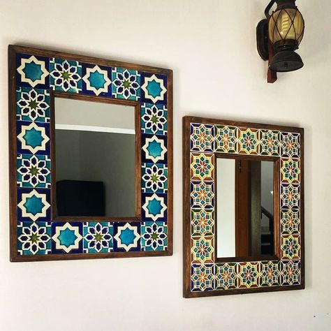 Spanish Tile Mirror, Diy Tile Mirror, Tile Art Wall, Tiled Mirror, Ceramic Tile Crafts, Tile Frame, Tile Mirror, Wall Hanging Mirror, Ceramic Tile Art