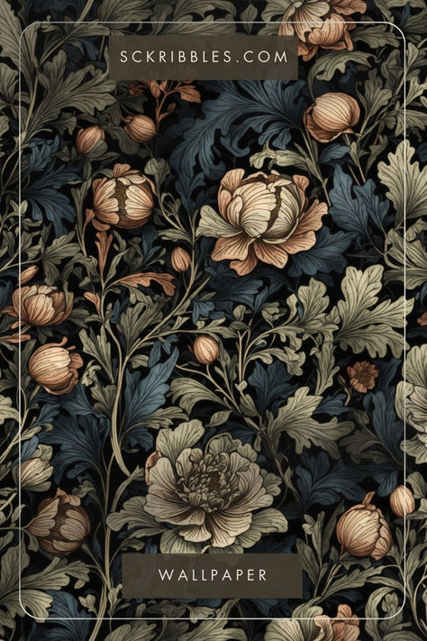 Dark Moody Wallpaper Glam Boho Living Room, Dark Moody Wallpaper, Moody Dining Room, Moody Office, Moody Wallpaper, Dark Academia Wallpaper, Glam Boho, Dark Florals, Dining Room Wallpaper