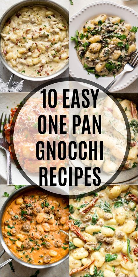 10 quick and easy gnocchi recipes that are all made in one skillet! You're sure to find the perfect dinner or side dish for any occasion. Recipes include everything from creamy to tomato and spinach sauces, vegetarian recipes, sausage, and more! Pan Gnocchi Recipes, Easy Gnocchi Recipes, Easy Gnocchi, Gnocchi Recipes Easy, Gnocchi Dishes, Homemade Gnocchi, One Skillet, Gnocchi Recipes, Idee Pasto Sano