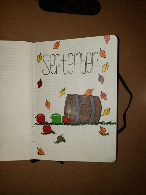 September Book Journal, Apple Bullet Journal Theme, September White Board Ideas, Apple Bullet Journal, Apple Watch Rings, Apple Layout, Embroidery Journaling, Craft Doodles, September Bullet Journal