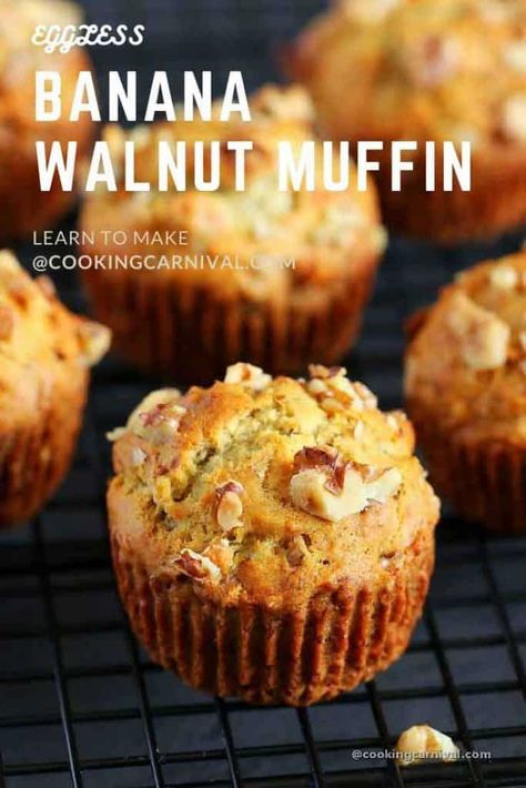 Ripe Banana Vegan Recipes, Eggless Banana Recipes, Baking Recipes Eggless, Eggless Muffins Recipes, Banana Walnut Muffins Healthy, Banana And Walnut Muffins, Vegan Muffin Recipe, Eggless Banana Muffins, Banana Bread Muffins Recipe