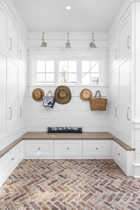 Lake House projects by A. Lantz Design. Luxury Interior Decorating firm based out of Naples, FL and Carmel, IN that creates inspired lifestyle designs for the most discerning clients across the country. #lantzcollective #interiordesign #lakehouse #inspiration #inspo #lakelife #cottage #dropzone #mudroom #brick #floor #storage #cabinet #lighting #shiplap #organization #nautical #coastal #design #home #2023 #2024 #new Brickfloor Mudroom, Lake House Flooring, House Drop Zone, Lake House Aesthetic Interior, Lake House Mudroom, Lake Home Interior, Lake House Lighting, Lakehouse Vibes, Lakehouse Interiors