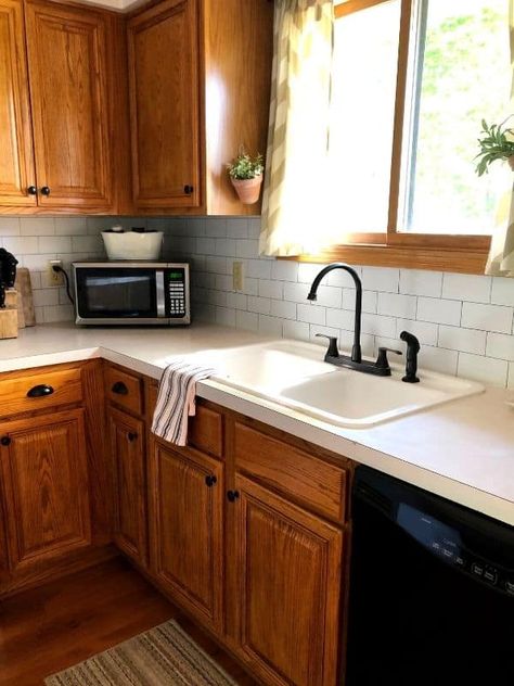 Update Oak Cabinets, Updating Oak Cabinets, Light Oak Cabinets, Dark Oak Cabinets, Stained Kitchen Cabinets, Update Kitchen Cabinets, Honey Oak Cabinets, Oak Cupboard, Rental Kitchen