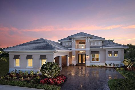 A bold and beautiful exterior amplifies the appeal of this Florida house plan.Striking tray ceilings top many of the rooms including the massive great room with its sliding glass doors to the outdoor living area.Add an optional fireplace and summer kitchen and you have the perfect outdoor living room to entertain in.Three family bedrooms are grouped on the left side of the home, each with its own private bathroom.The master suite has double doors for a quick and easy entrance to the covered ... Tray Ceilings, Colonial Cottage, Houses Exterior, Florida House Plans, Country Craftsman, Stucco Exterior, Florida Style, Beautiful House Plans, Florida House