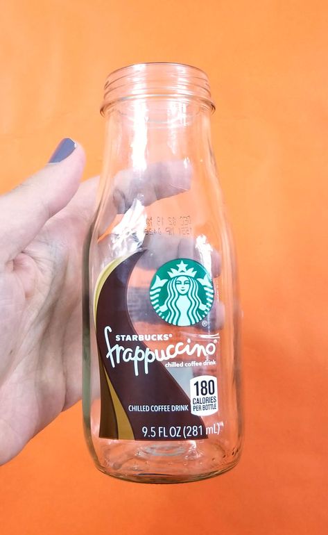 Starbucks Glass Bottle Crafts, Coffee Creamer Bottle Crafts, Coffee Jar Crafts, Starbucks Bottle Crafts, Starbucks Glass Bottles, Milk Bottle Craft, Starbucks Frappuccino Bottles, Milk Bottle Diy, Coffee Creamer Bottles