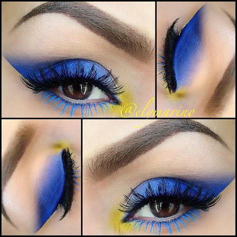 blue Blue Yellow Eye Makeup, Dory Makeup, Nails Blue Yellow, Bird Makeup, Yellow Eye Makeup, Eye Makeup Cut Crease, Make Up Designs, Yellow Eyeshadow, Bronze Makeup