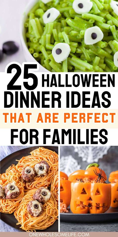 Collage of halloween dinner ideas. Halloween Dinner Ideas Easy, Kid Halloween Dinner Ideas, Spider Web Pancakes, Fun Halloween Dinners For Kids, Halloween Food For Dinner, Halloween Theme Dinner Food, Halloween Night Food, Spooky Night With Kids, Kid Dinners Ideas