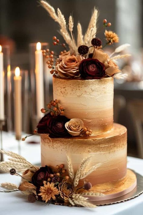 24 Seasonal Beauty: Perfect Fall Wedding Cakes Fall Cake Designs Wedding Ideas, Fall Country Wedding Cakes, Fall Desserts Wedding, Fall Inspired Wedding Cakes, Fall Cakes Wedding, Fall Wedding Cake Table Ideas, Fall Wedding Cake Ideas 2 Tier, Chocolate And Vanilla Wedding Cake, Pumpkin Spice Wedding Cake