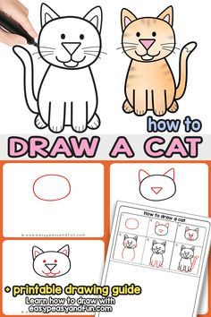 How to Draw a Cat Step by Step Tutorial. With these simple drawing instructions you will be finishing up your cute cartoon cat drawing in no time. Grab the cat directed drawing printable guide and draw anywhere you go. Perfect for classroom art lessons as it's suitable for kids as well as grown ups. Cat Step By Step, Cartoon Cat Drawing, Draw A Cat, Drawing Printable, Cute Cartoon Cat, Cat Printable, Cat Steps, Directed Drawing, Classroom Art