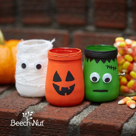 Baby Jar Crafts, Puertas Halloween, Pumpkin Painting Ideas Halloween, Painting Ideas Halloween, Altered Jars, Dulceros Halloween, Moldes Halloween, Baby Jars, Baby Food Jar Crafts