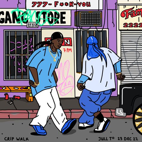 The Crip Walk, also known as the C-Walk, is a dance move that was created in the 1970s by first generation Crip member Robert "Sugar Bear" Jackson, and has since spread worldwide. The dance is primarily an act of performing quick and intricate footwork. Gangsta Illustration, Hiphop Poster, Crip Walk, Hiphop Illustration, Crip Gang, Clown Walk, Hip Hop Illustration, Gangsta Walking, Dance Illustration