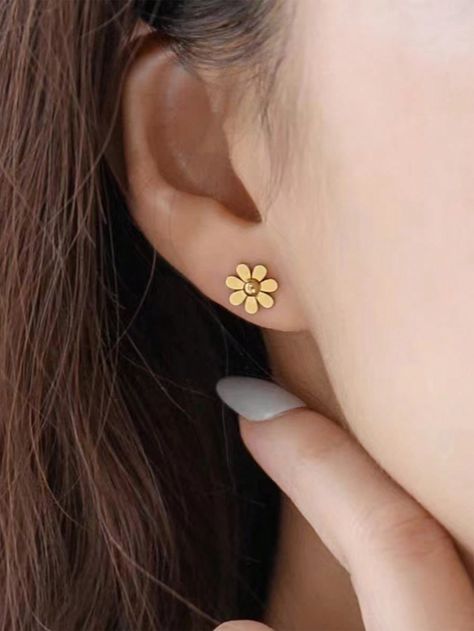 Yellow Gold  Collar  Stainless Steel   Embellished   Women's Fashion Jewelry Gold Earrings Stud, Gold Earrings For Kids, Small Earrings Gold, Unique Gold Jewelry Designs, Simple Gold Earrings, Flower Earrings Gold, Gold Earrings Models, Pretty Jewelry Necklaces, Handmade Gold Jewellery