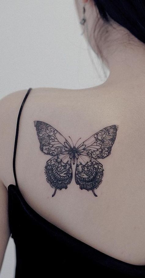 Butterfly Lace Tattoo, Crystal Butterfly Tattoo, Large Butterfly Tattoo, Lace Tattoo Design Vintage, Detailed Butterfly Tattoo, Lace Butterfly Tattoo, Vintage Butterfly Tattoo, Bali 2023, Lace Tattoos