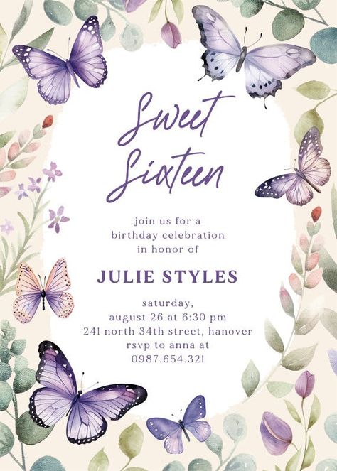 Flutter By - Sweet 16 Invitation Template | Greetings Island Milestone Birthday Invitations, Bridal Shower Invitations Free, Birthday Invitation Design, Sweet 16 Party Invitations, 1st Birthday Invitation Template, 16th Birthday Invitations, Greetings Island, Party Invite Design, Baby Shower Invitaciones