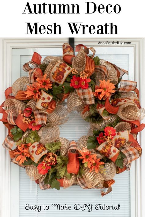 Autumn Deco Mesh Wreath | Easy to Make DIY Tutorial. With this simple DIY tutorial, you can create a stunning autumn deco mesh wreath. It's perfect for adding a festive touch to your home decor this fall season. Thanksgiving Wreaths For Front Door Mesh, Thanksgiving Wreath Deco Mesh, How To Make A Mesh And Ribbon Wreath, Fall Wreaths With Burlap, Diy Mesh Ribbon Wreath, Wreath Made With Mesh, Deco Mesh Christmas Wreaths Tutorial, Mesh Turkey Wreath Diy, Wire Wreath Diy Deco Mesh