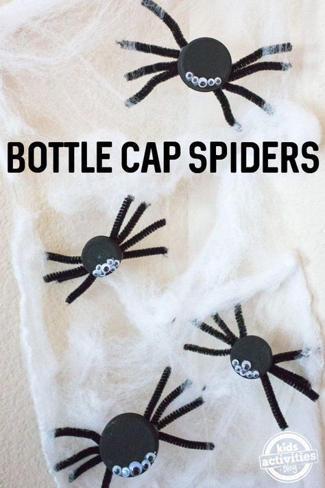 Keep some plastic bottle caps out of the landfill by recycling them into this fun Halloween craft project -- Recycled Bottle Cap Spiders!   via @hollyhomer Stick Spider, Recycle Bottle Caps, Spider Craft, Pepper Tree, Plastic Bottle Caps, Halloween Craft Projects, Spider Crafts, Image Halloween, Halloween Bottles