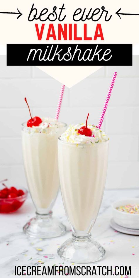 This homemade vanilla milkshake recipe is sweet, simple, creamy, and perfect, made with just three ingredients, and ready in 5 minutes. How To Make A Good Milkshake, Milkshake Recipe Easy Vanilla, Vanilla Ice Cream Milkshake Recipes, Homemade Vanilla Milkshake Recipe, How Do You Make A Milkshake, How To Make Homemade Milkshakes, Mcdonalds Milkshake Recipe, Best Vanilla Milkshake Recipe, Vanilla Malt Milkshake