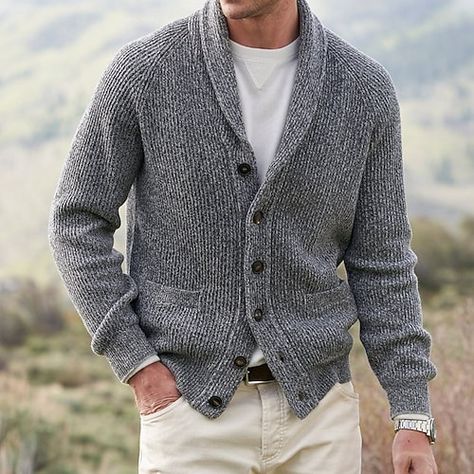 Casual Cardigan Sweater, Solid Color Sweater, Shawl Collar Cardigan, Rib Knit Cardigan, Mens Cardigan, Sweater Crop, Collar Cardigan, Knitted Coat, Men's Wardrobe