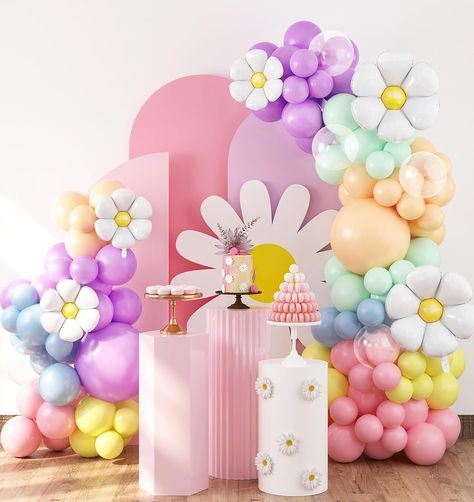 Make Memories: Transform any space into a festive wonderland and make unforgettable memories with our charming balloon assortment. Pastel Rainbow Balloon Arch, Afternoon Tea Party Decorations, Flower Balloons, Bobo Balloons, Rainbow Balloon Arch, Groovy Daisy, Daisy Party, Transparent Balloons, Pastel Balloons