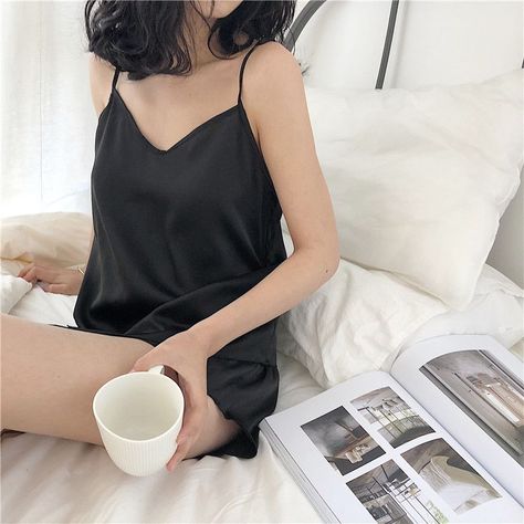 Night Wear Pajamas, Korean Pajamas, Silky Camisole, Pajamas Aesthetic, Night Suit For Women, Simple Frocks, Cute Pajama Sets, Pajama Dress, Night Suit