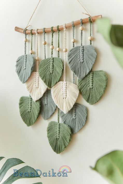 Green Leaves Macrame Wall Hanging Macrame Feather Wall Decor | Etsy Leaves Macrame, Macrame Feather Wall Hanging, Wall Macrame, Feather Wall Decor, Macrame Feathers, Feather Wall Hanging, Boho Nursery Decor, Feather Wall, Monstera Leaves