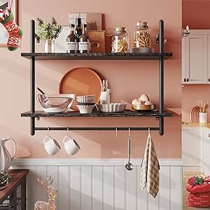 Bestier Pipe Shelf Industrial Floating Shelving 31" Kitchen Wall-Mounted Shelf Towel Bar Hooks Coffee Bar Shelf Wine Hanging Display Rack Bookshelf Living Room Decor Bathroom-Charcoal Black Floating Shelving, Bathroom Retro, Shelf Industrial, Industrial Floating Shelves, Pipe Shelf, Wall Mounted Bookshelves, Floating Shelves Kitchen, Bookshelves In Living Room, Floating Shelves Bathroom