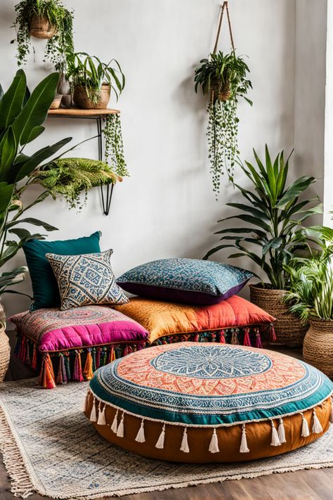 A boho mediation corner at home Meditation Nook In Bedroom, Meditation Corner In Bedroom, Home Zen Space, Boho Meditation Space, Meditation Space In Bedroom, Meditation Nook, Peaceful Meditation, Meditation Bench, Reading Corners