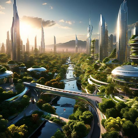 Hydropunk City, Futuristic City Landscape, Solarpunk City Concept Art, Solarpunk Landscape, Futuristic Nature City, Sci Fi Landscape Concept Art, Fantasy Futuristic City, Sci Fi Nature, Solar Punk Architecture