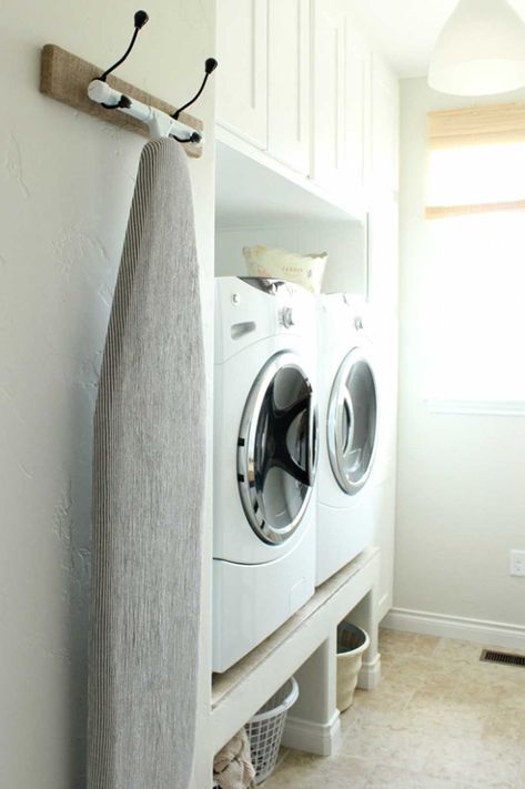 Laundry Room Organization - hang your ironing board Hanging Ironing Board, Dirty Laundry Storage, Ironing Board Storage, Board Storage, Small Laundry Room, Small Laundry, Storage Places, Laundry Room Storage, Laundry Mud Room