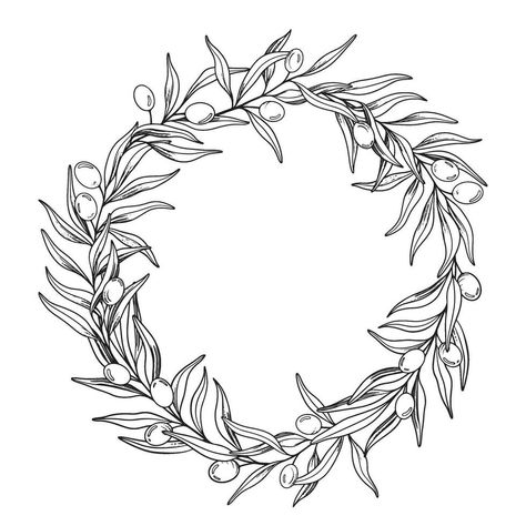 Sketch wreath of olive branch with berries and leaves. Hand drawn vector line art frame illustration. Black and white drawing of the symbol of Italy or Greek for cards, design logo, tattoo. Pomegranate Drawing, Branch Drawing, Wreath Tattoo, Illustration Black And White, Vector Line Art, Olive Wreath, Vintage Wreath, Vector Line, Free Hand Drawing