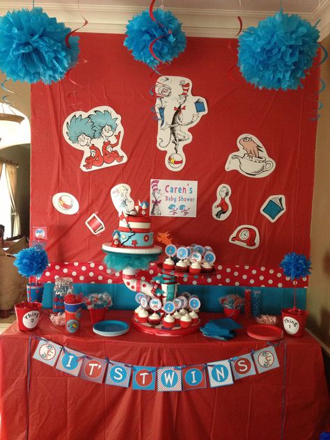 Thing 1 thing 2 baby shower cake and cupcakes by "Shenna's   sweets" Diy Thing 1 Thing 2 Decorations, Thing 1 Thing 2 Gender Reveal, Thing 1 Thing 2 Baby Shower Ideas, Dr Seuss Baby Shower Decorations, Dr Suess Baby, Twin Boys Baby Shower, Twins Party, Thing 1 And Thing 2, Dr Seuss Birthday Party