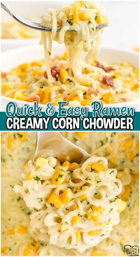 5 MINUTE RAMEN CHOWDER - Butter with a Side of Bread Healthy Ramen Noodle Recipes, Top Ramen Recipes, Ramen Noodle Recipes Soup, Chicken Ramen Recipe, Ramen Recipes Easy, Easy Ramen, Top Ramen, Chicken Ramen, Chowder Soup