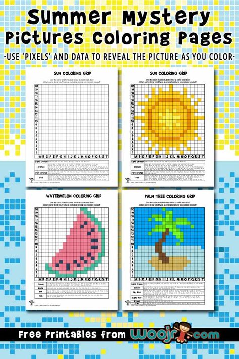 Summer Mystery Pictures Pixel Grid Coloring Pages | Woo! Jr. Kids Activities Grid Coloring Pages Free Printable, Pixel Art Printable, Art Activities For 2nd Graders, Mystery Activities For Kids, Pixel Art For Kids, Pixel Color By Number, Grid Coloring Pages, Grid Coloring, Pixel Art Coloring