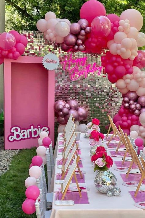 10 Fall Backyard Birthday Party Ideas for Kids - One Sweet Nursery Kids Backyard Party Ideas, Barbie Decor Ideas, Barbie Backdrop Ideas, Barbie Decorations Birthday Party Ideas, Kids Barbie Birthday Party, Barbie Kids Party, Barbie Bday Party Ideas, Barbie 5th Birthday Party, Barbie Party Decorations Ideas