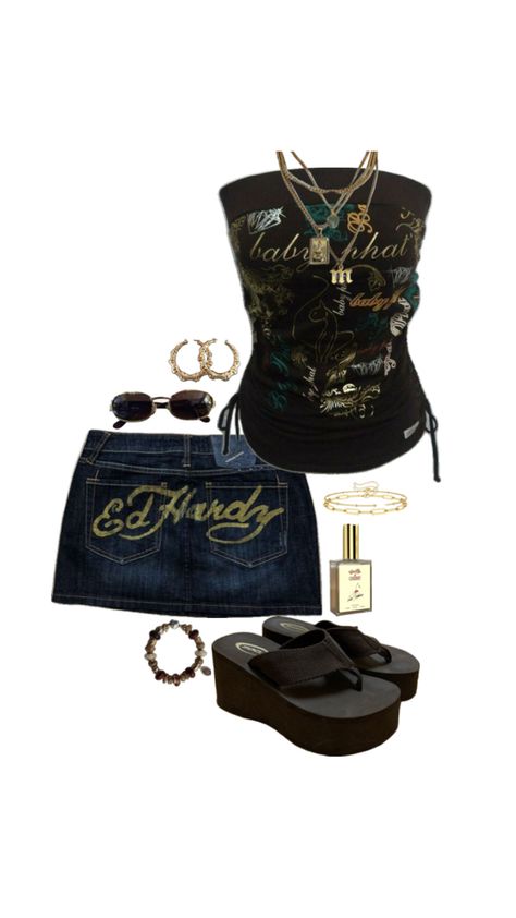 Ed hardy, ed hardy skirt, 00s, 2000s, mini skirt, tube top, brown, brown tube top, flip flops, platform, platform flip flops, gold, gold jewellery, sunglasses 2000s Ed Hardy, 2000s Mini Skirt, Ed Hardy Outfit, Brown Tube Top, Flip Flops Platform, Mcbling Fashion, Tube Top Outfits, Trashy Outfits, 2000s Outfits