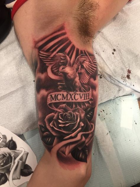 Mens Tattoo Inner Bicep, Rose On Bicep Tattoo, Men’s Inside Bicep Tattoo, Inside Bicep Tattoo Men Half Sleeves, Biceps Tattoo Men, Back Of Bicep Tattoo For Men, Rose Tattoo Bicep, Biceps Tattoos For Men, Birth Year Tattoo Men